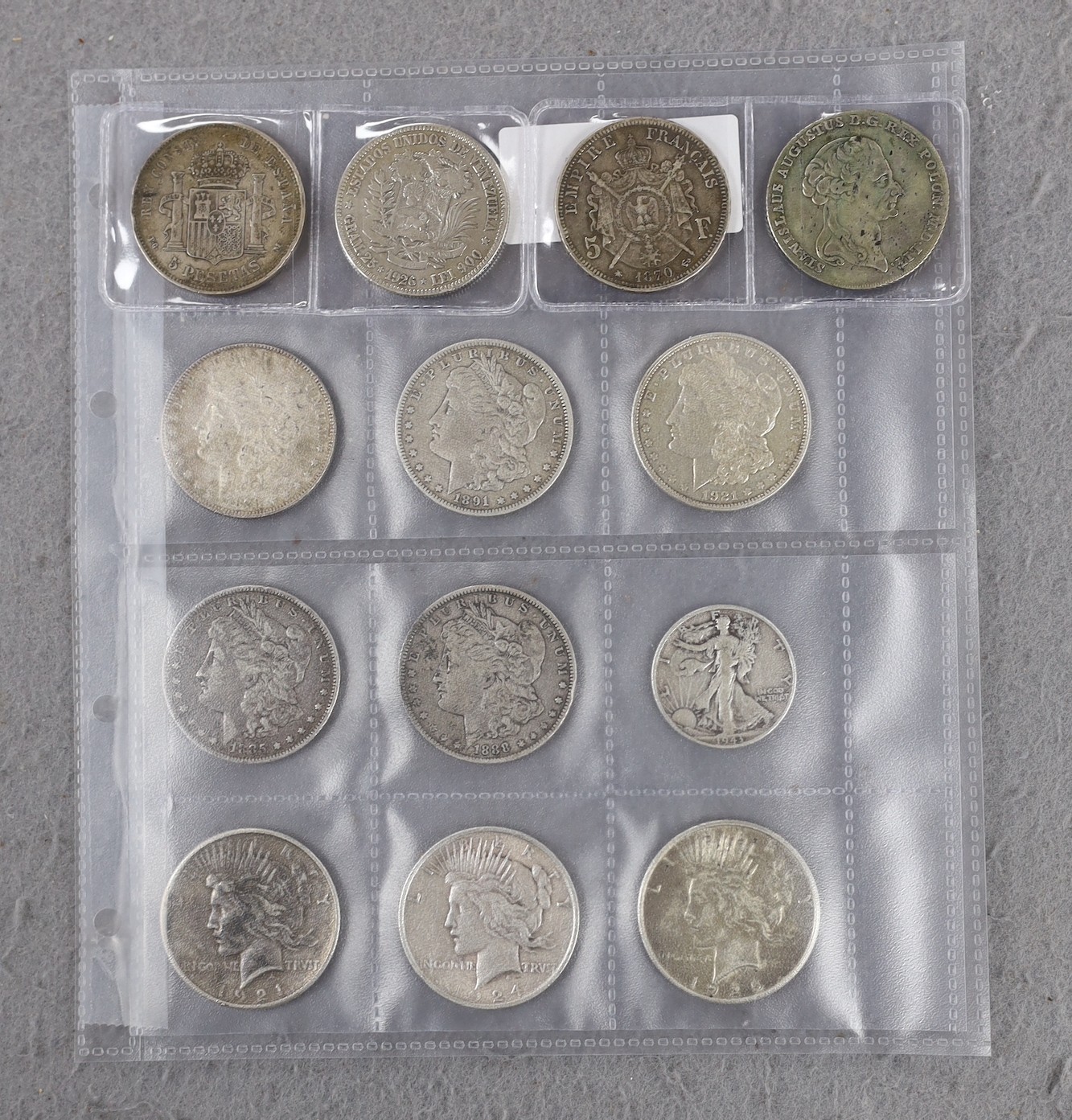 U.S.A. coins, five Morgan dollars 1878, 1888, 1891, 1895 and 1921, three other dollars 1924, 1925